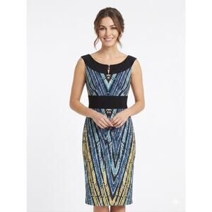 Cato Blue & Black Geometric Chevron Sheath Dress With Black Waistband & Keyhole
